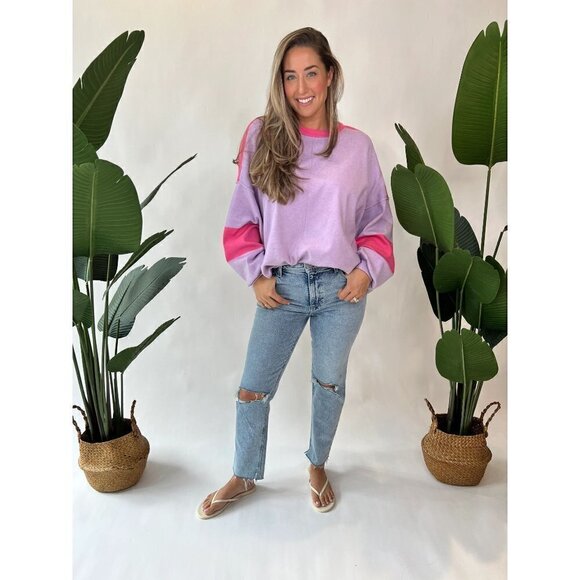 FREE PEOPLE Uptown Colorblock Pullover in Purple Size Small - Picture 3 of 10